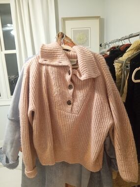Free People Blush Pink Chunky Ribbed Button-Up Turtleneck Sweater
